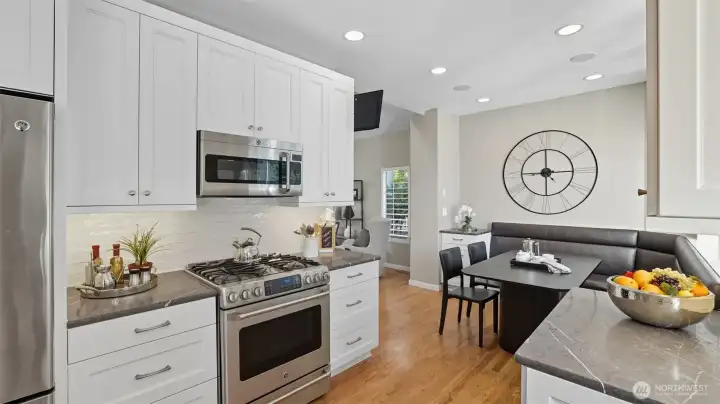 The kitchen, eating nook and the dining room are all created to have plenty of space to have room for get togethers and large groups.