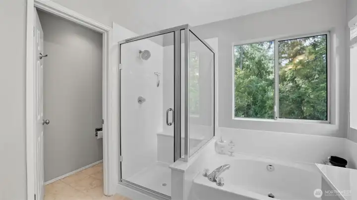 Heated tile floor, a large walk-in closet with a peaked ceiling and marble counters.