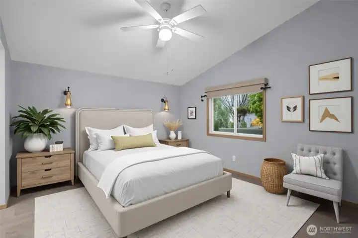 Virtually staged primary bedroom