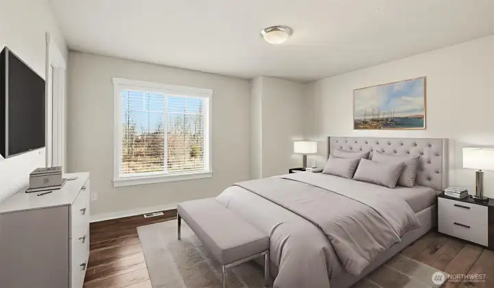 Spacious 4th bedroom on upper level offers large walk-in closet. (virtually staged)