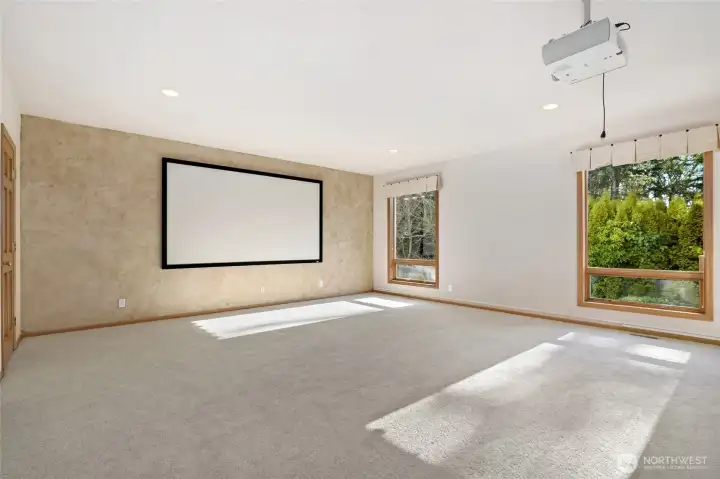 Dedicated media room with projector and oversized screen that both stay, a spacious lower-level retreat perfect for movie nights and entertaining.
