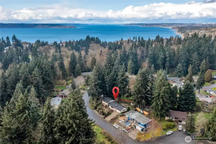 Aerial perspective showcases the home’s peaceful setting within a well-established neighborhood. Redondo waterfront is about 10 minutes away.