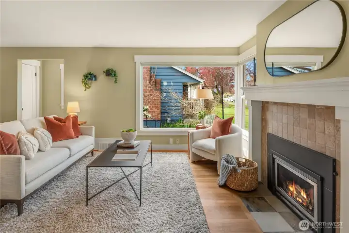A gas fireplace insert provides an instant warmth to this gorgeous living room.