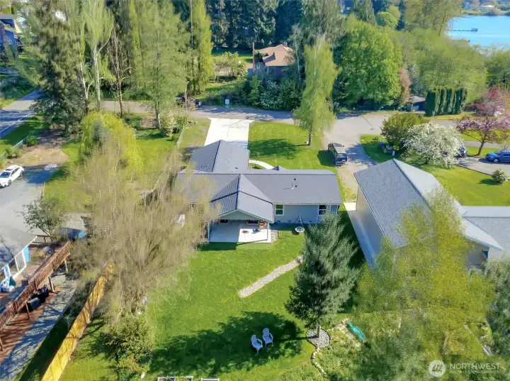 Aerial view highlighting property layout