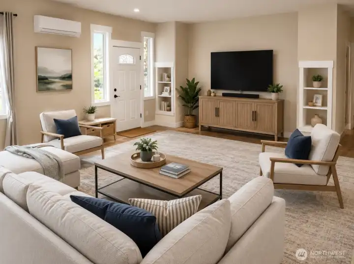 Main-level living room. Virtually staged.
