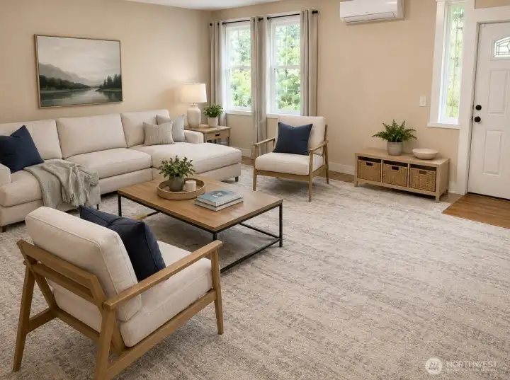 Main-level living room. Virtually staged.