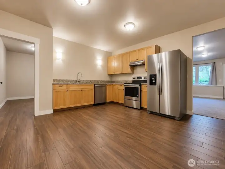 ADU kitchen & office/storage. Virtually staged.