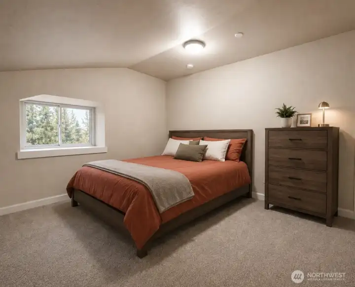 Apartment bedroom. Virtually staged.