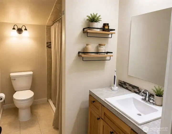 Apartment bathroom. Virtually staged.