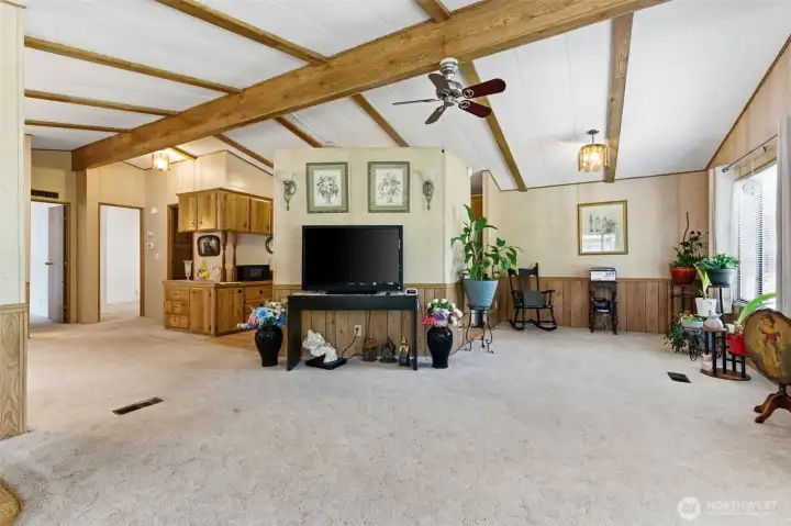 View of Living Room facing Ktichen, Dining. Notice the beamed ceilings!