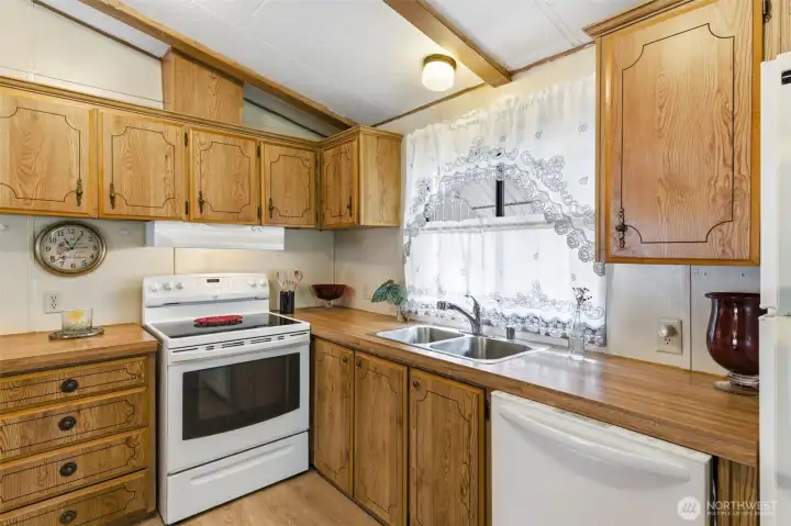 Cozy warm kitchen is perfect to bake cookies in! Dual Basin Stainless Steel Sink.