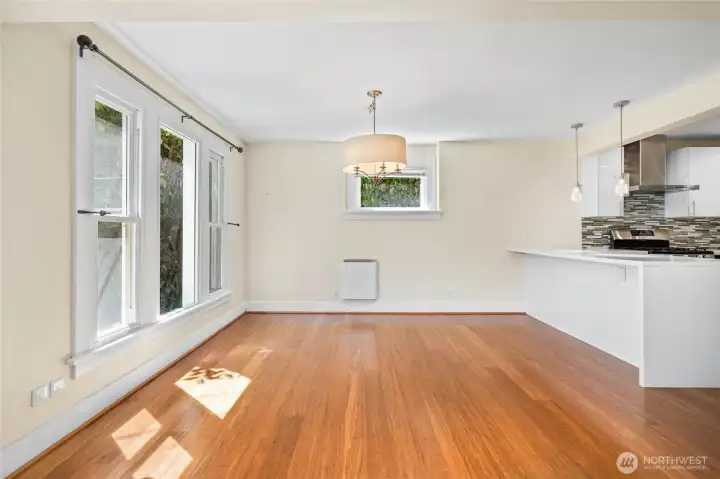 Open plan dining and living area off kitchen