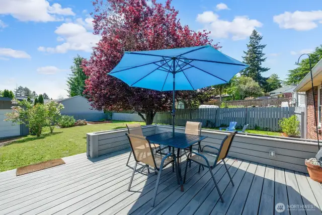 Steps lead to the back yard and to the driveway. Planter boxes flank the deck. This is your grilling spot for sure!