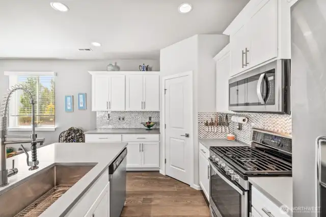 Spacious Island with seating & single bowl sink and custom pantry