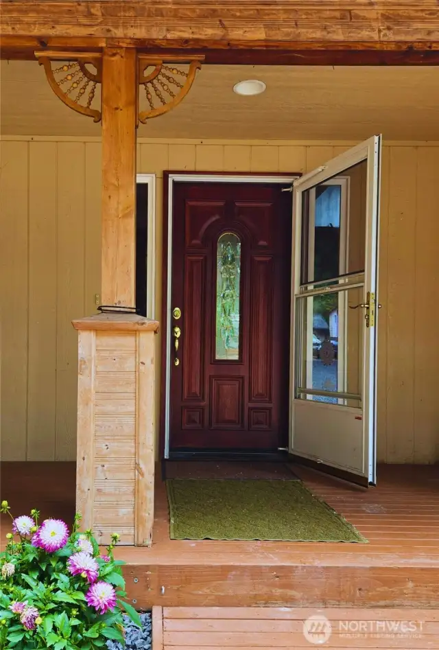 Storm door, dead bolt entry.
