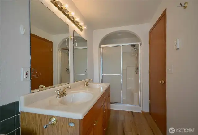 Arch ways through out on shower stall. new LVP flooring.