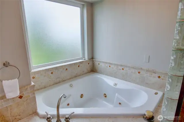 Jetted tub with privacy glass window.