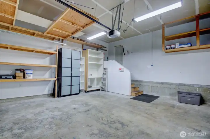Two car garage with storage.
