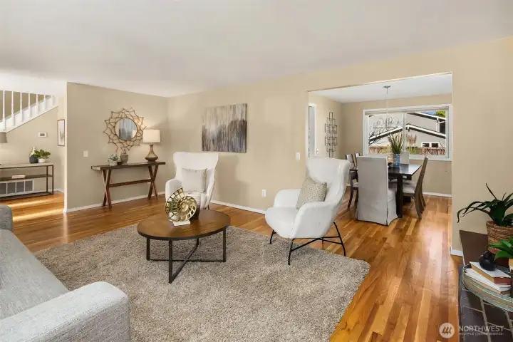 The living and dining rooms feature newly refinished hardwood floors.