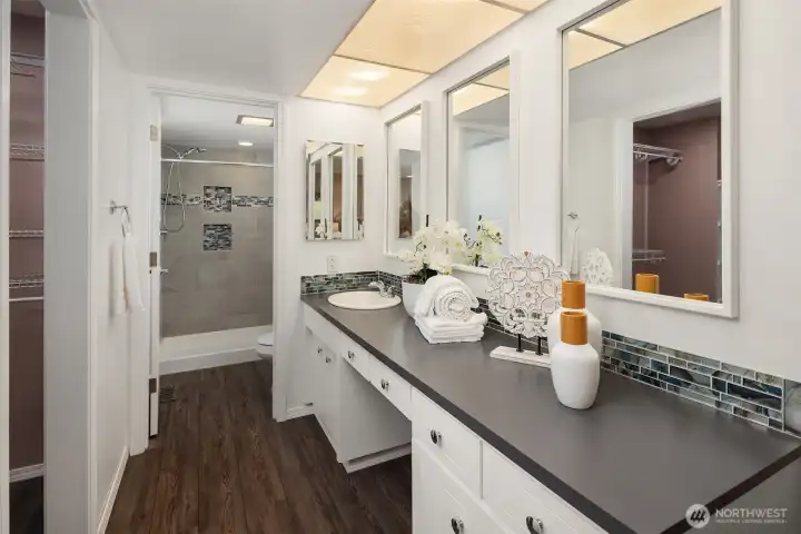 The updated primary bath offers generous storage and counter space, with a separate room for the toilet and shower. The walk-in closet is to the left.