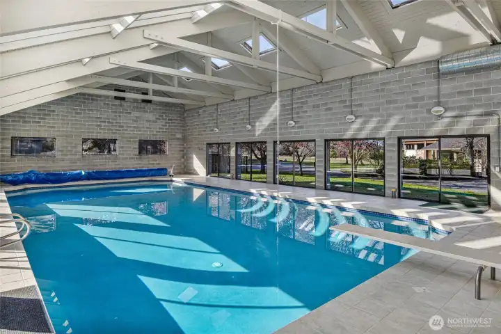 Indoor pool with diving board, tiled surround, and abundant natural light, creating a year-round recreational retreat.
