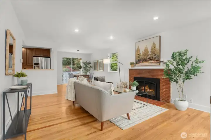 Super ambiance-enhancing gas fireplace is your focus as you enter