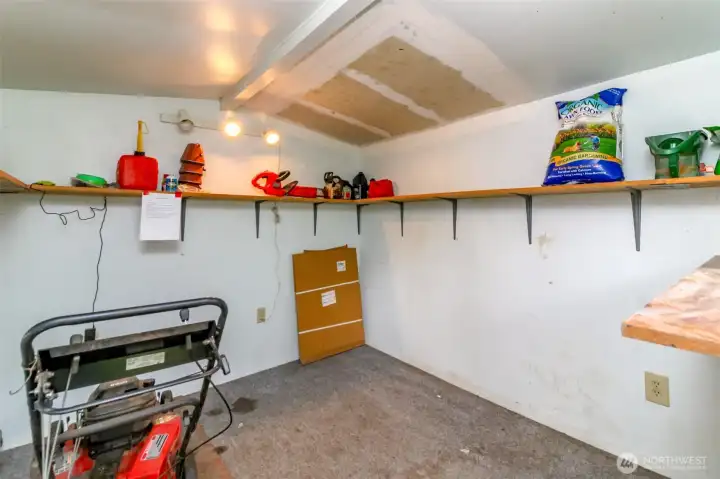 Storage shed is equipped with electricity.