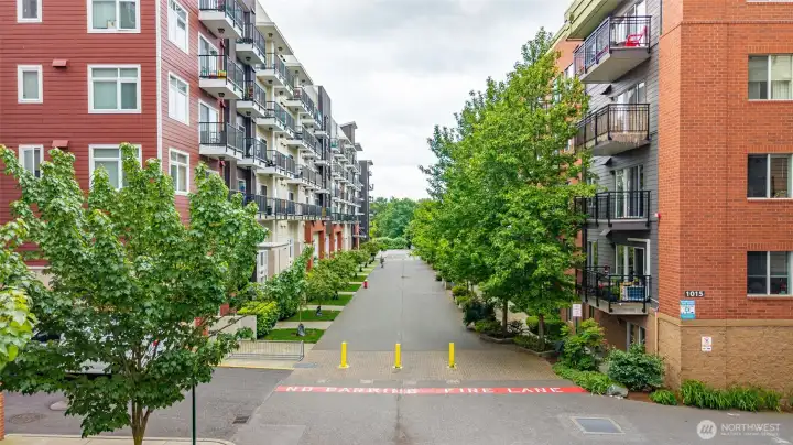 Looking at the building and the pedestrian walking trail. Looking at the building and the pedestrian walking trail.