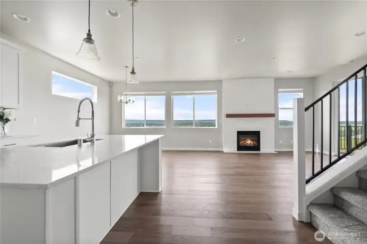 Great room with gas fireplace and stunning views