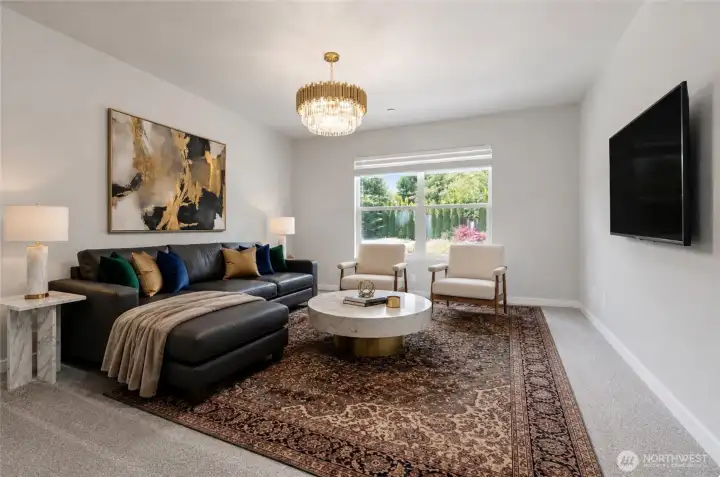 Virtually staged upstairs bonus room, TV room