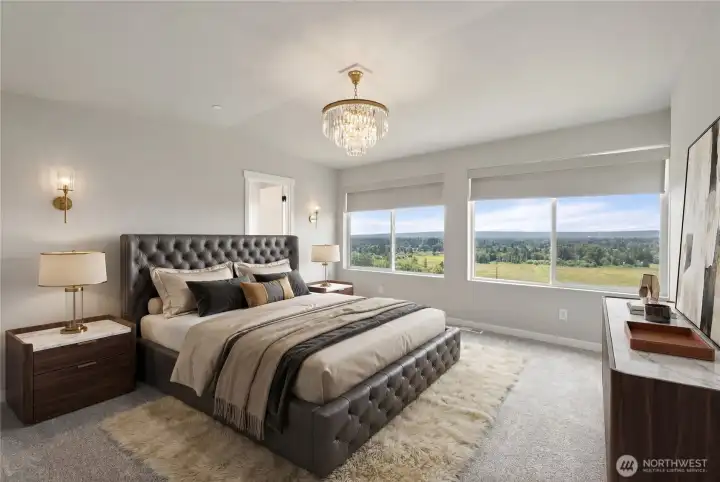 Virtually staged master bedroom with views
