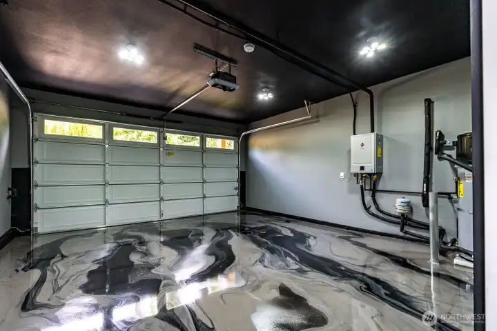 Fully finished garage with custom floor & lighting