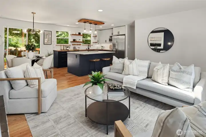 Bright, sun-filled open-concept living, dining, and kitchen spaces designed for comfortable everyday living and effortless entertaining.