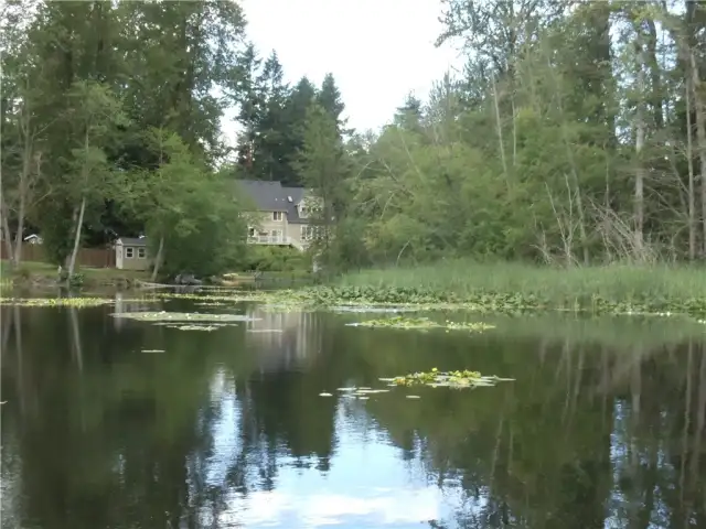 View of lake looking west from the dock showing entryway to the slough with property on the right.