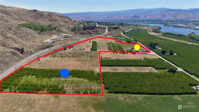 Parcel photo identifier.  Red line is approximate parcel boundary.  Yellow is updated ranch house and orchard compound on 8.83 acres and Blue coded is predominately planted cherries and is 17.84 acres for total offering of 26.67 acres