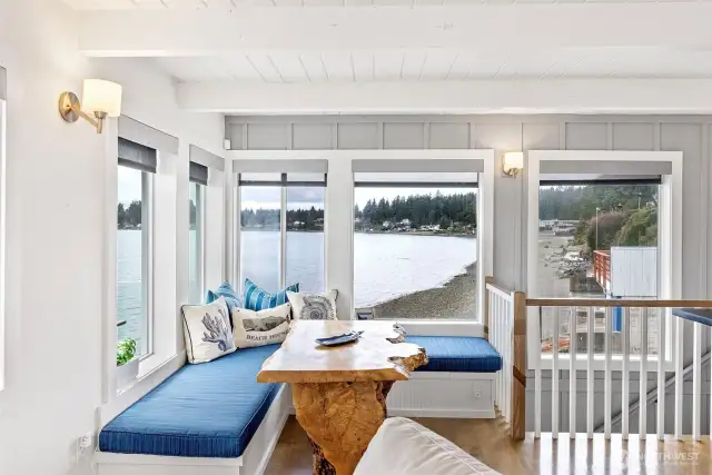 A built-in bench for dining with storage underneath is the perfect place to capture the views while enjoying a morning cup of coffee and the beautiful sunrises over Mt. Rainier.