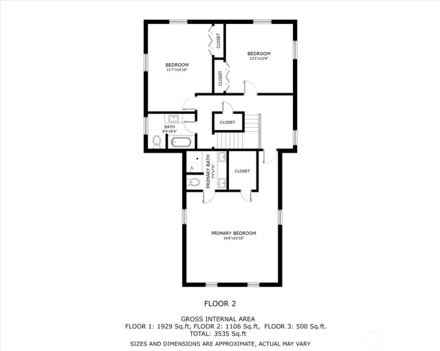 Primary with 3/4 bath + 2 additional bedrooms, 1 full bath