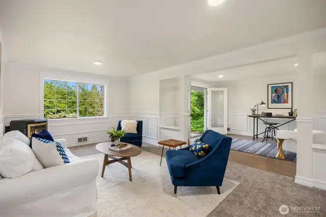 Lower level living room with pellet stove and easy outside access
