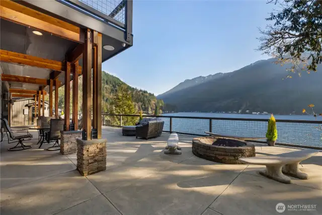 One angle of the huge patio overlooking the waters edge.