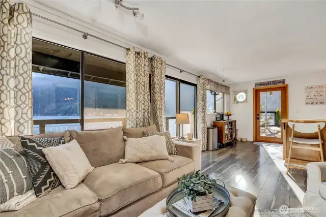 The living room and kitchen area.