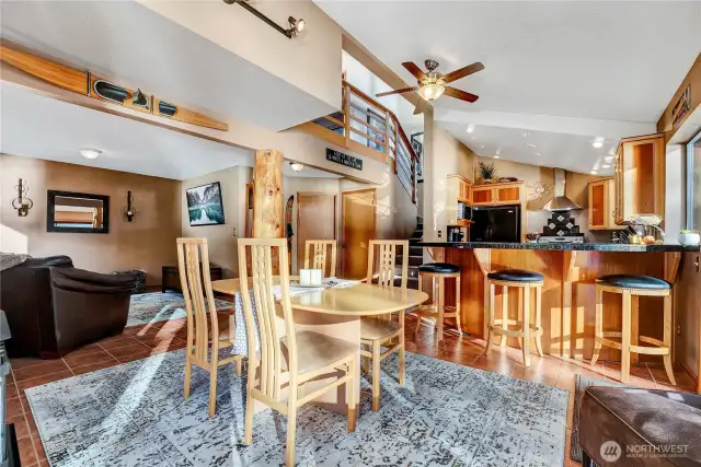 A view of the kitchen and living room.