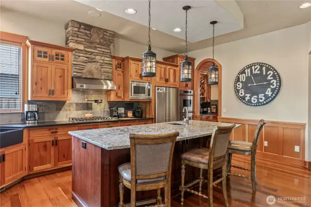 Wainscoting, custom cabinetry, stone detail, pot filler...