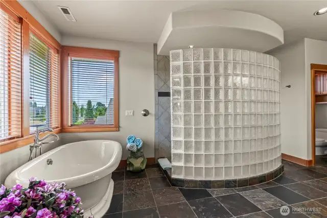 Gigantic walk-in, slate and glass shower!