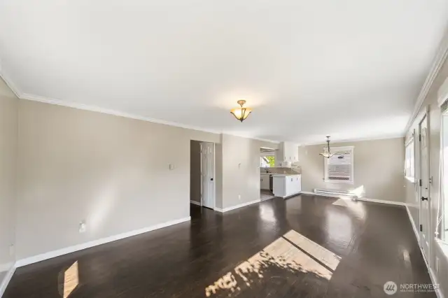 Looking at the dining room and kitchen from the living room.