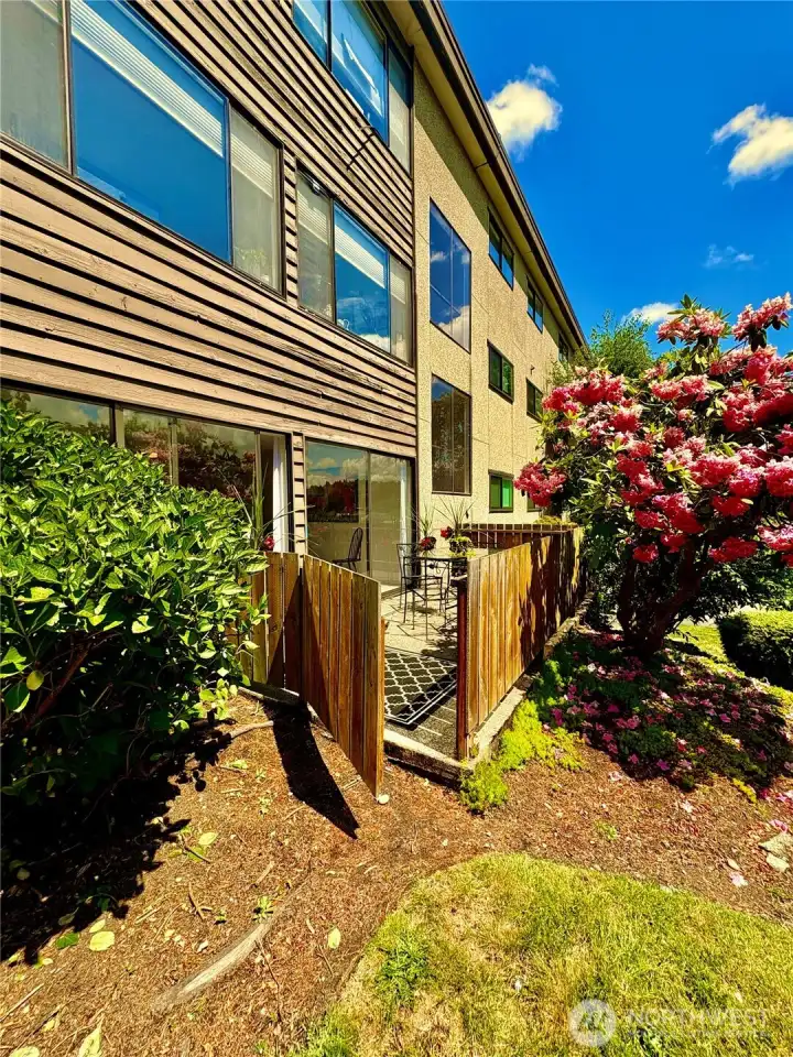 Private patio has a nice gate out to the dead end of Halladay Street.