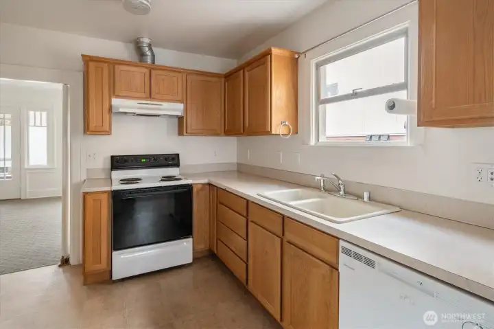 The spacious kitchen is located on the main floor.