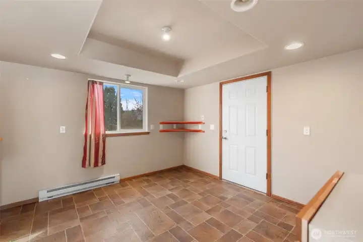 Looking from shop into living area