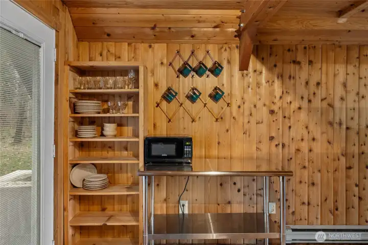 Shelving for additional storage space in the kitchen.