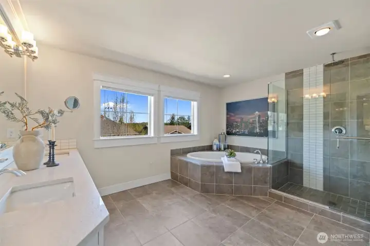 Primary bathroom, offering a bathtub, shower, private toilets and large walk-in closet/dressing room.