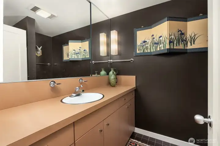 Main hall bath offers walk in shower and plenty of storage